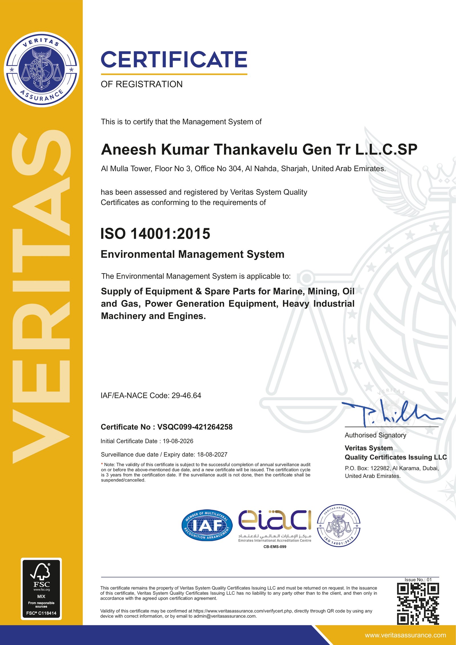 ISO 14001:2015 Certificate